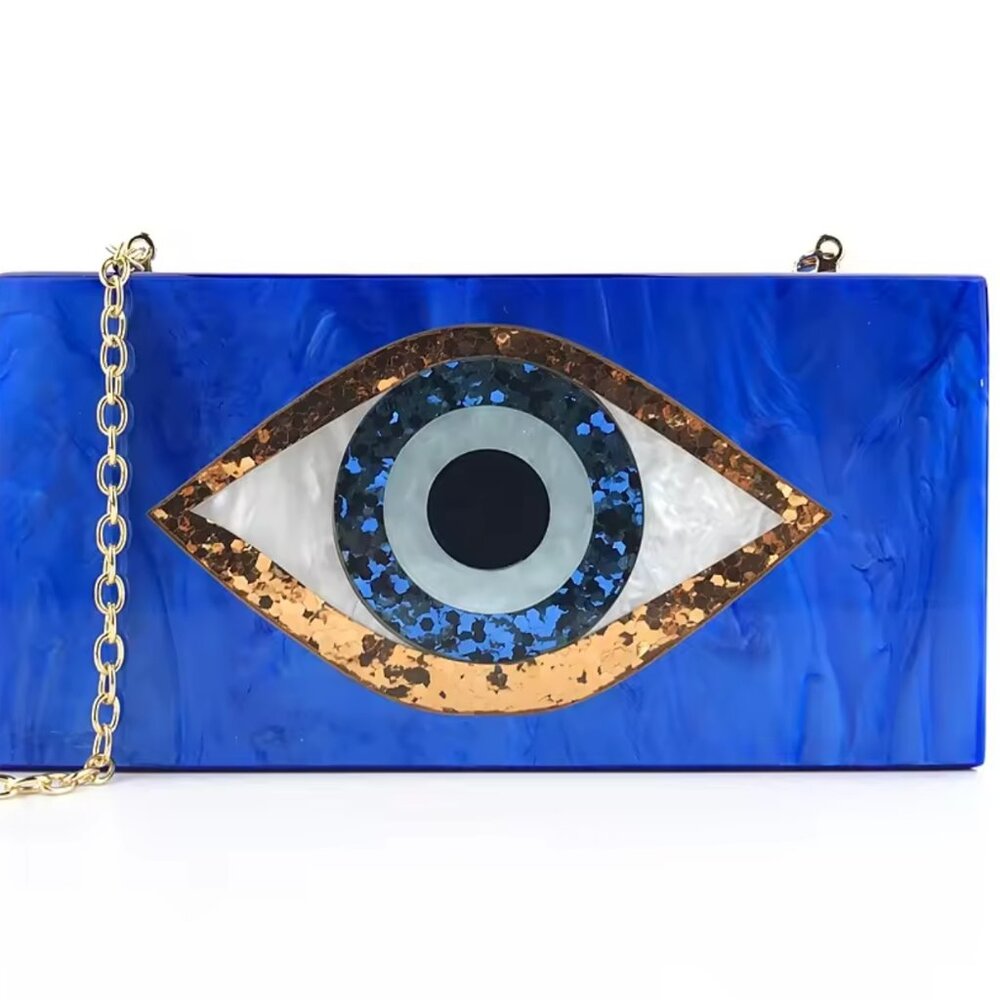 Evil Eye Acrylic clutch with gold crossbody chain